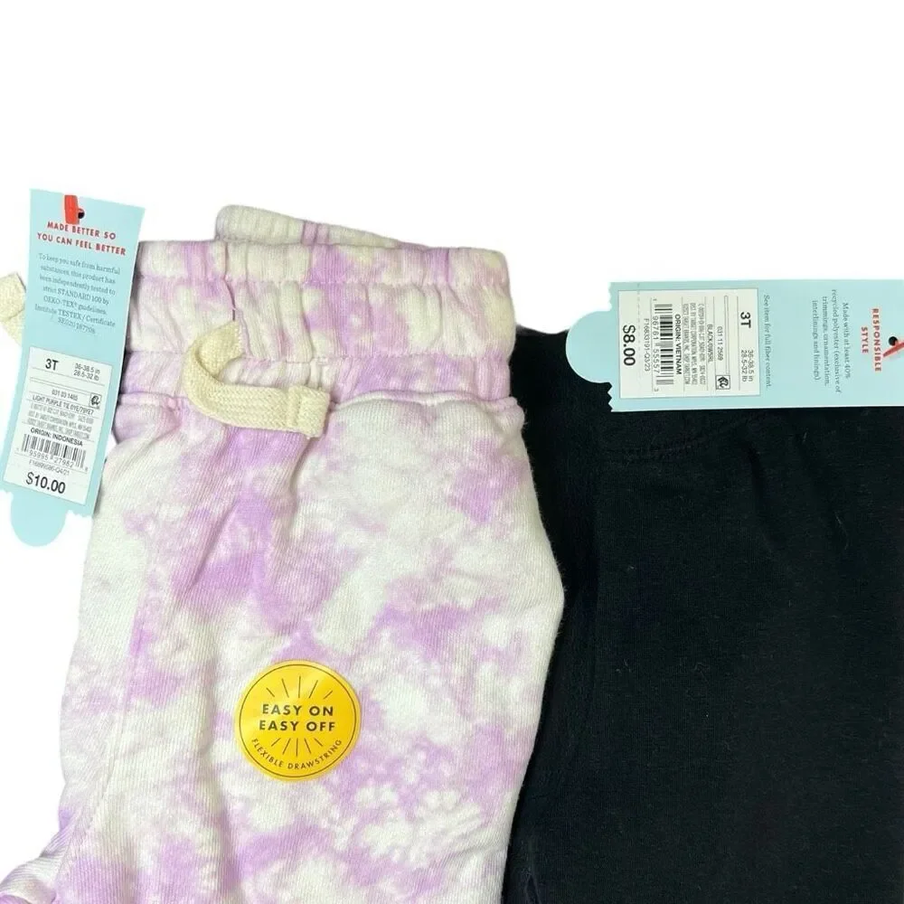 NEW Cat & Jack Toddler Girls Pant Bundle – Tie Dye Joggers + Black Leggings 3T